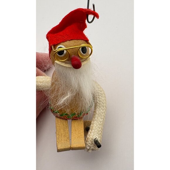 Vintage Wooden Christmas Tree Ornament Santa Claus Skier - Picture 2 of 7